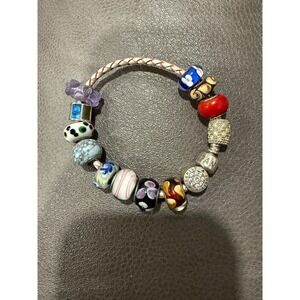Pandora Sterling Silver Leather Charm Bracelet Family‎ Forever Rhinestone Beads